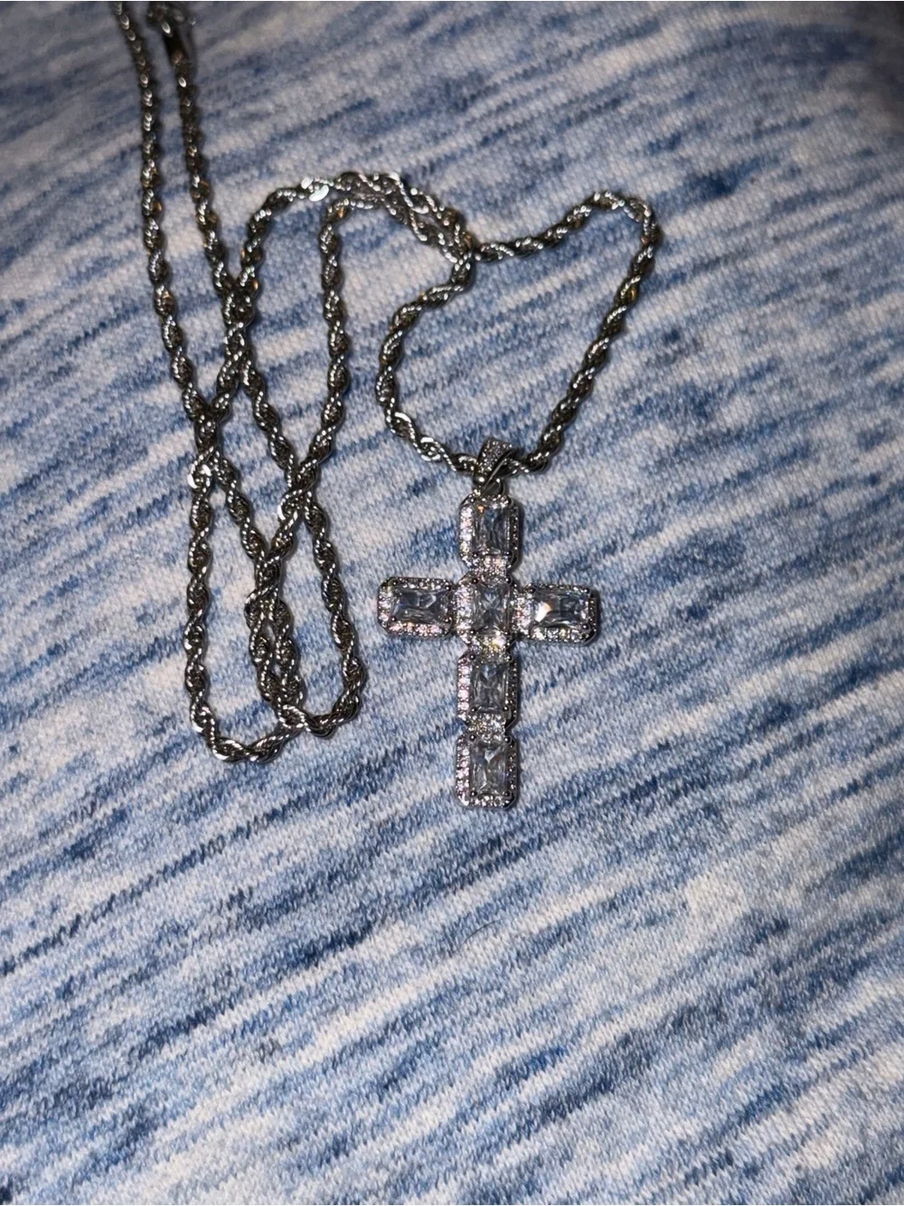 Men's Silver-Tone Cross Pendant Necklace with Clear Stones